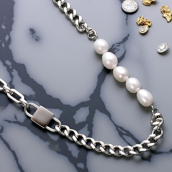 ποΈPadlock Freshwater Pearl 18K White Gold Plated Stainless Steel Necklace - Picture 15 of 15